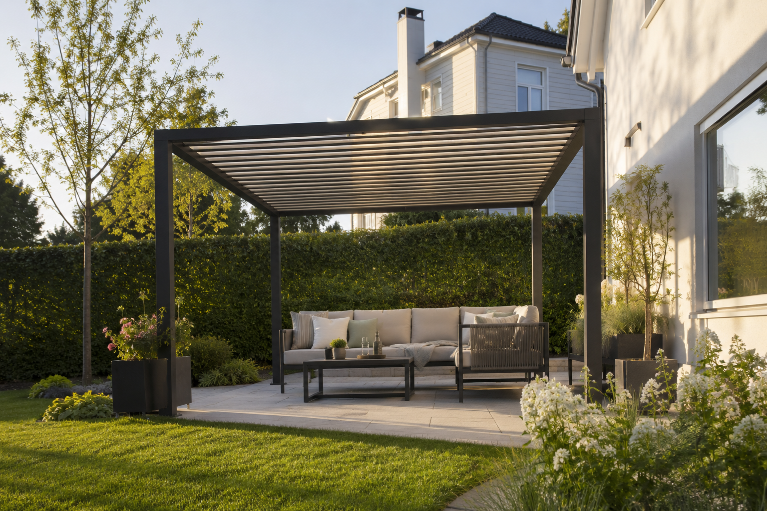 Moderne pergola over en skjermet uteplass
